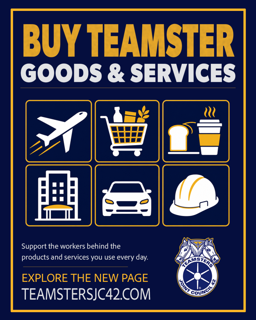 🛒 Buy Teamster. Support Teamster. Explore our new Buy Teamster Goods & Services page and discover products, businesses and services supported by the work of Teamster members. From food and beverages to airlines, hotels, rental cars, construction materials and more, your everyday choices can help support good union jobs and working families. View the list and download the guide: 🌐 TeamstersJC42.com #Teamsters #JC42 #BuyTeamster #UnionStrong #SupportUnionLabor