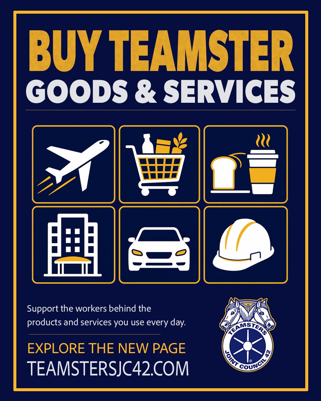 🛒 Buy Teamster. Support Teamster. Explore our new Buy Teamster Goods & Services page and discover products, businesses and services supported by the work of Teamster members. From food and beverages to airlines, hotels, rental cars, construction materials and more, your everyday choices can help support good union jobs and working families. View the list and download the guide: 🌐 TeamstersJC42.com #Teamsters #JC42 #BuyTeamster #UnionStrong #SupportUnionLabor